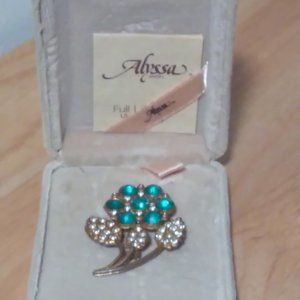 Vintage Alyssa Green Flower Brooch in Original Jewelry Box